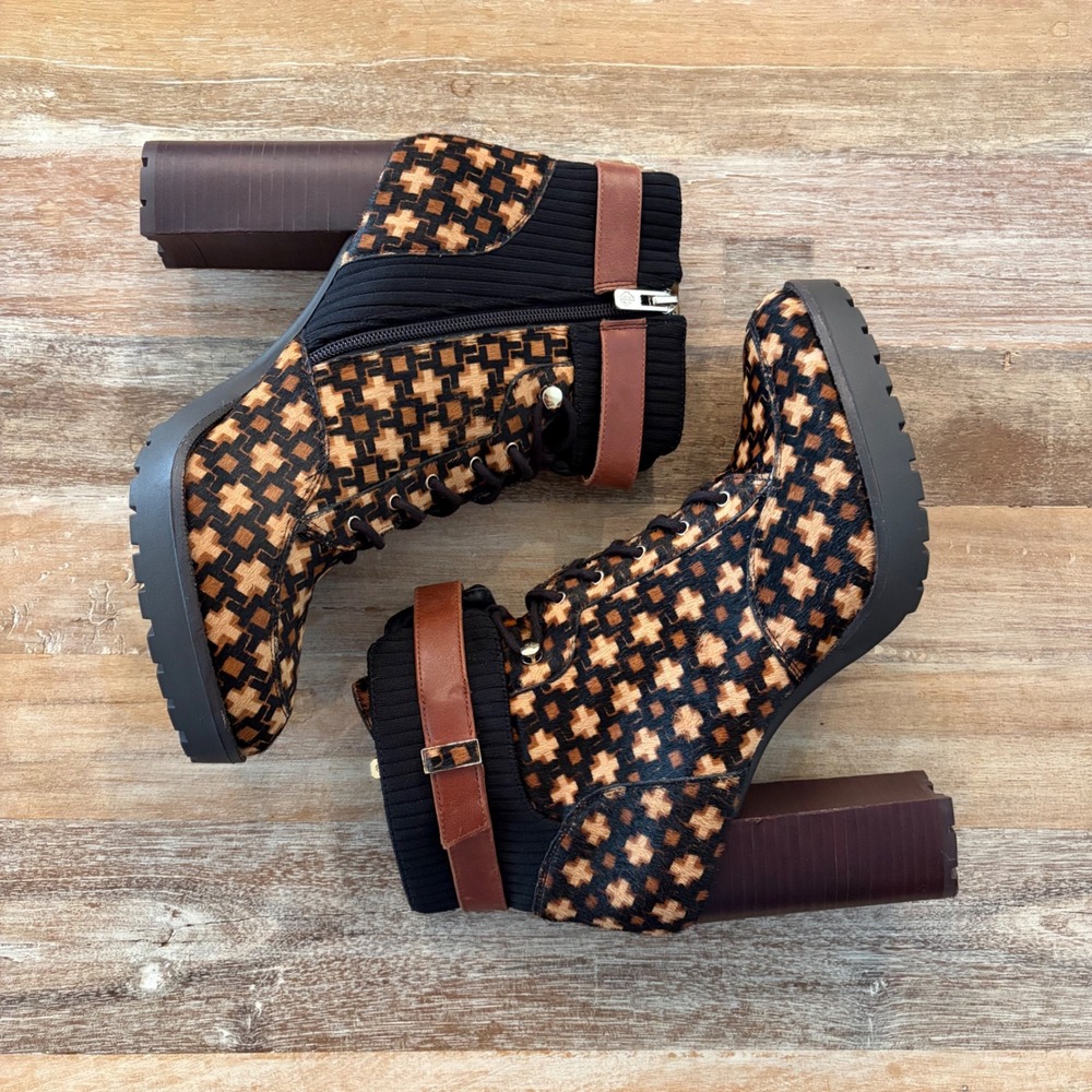 Antonio Melani Calf Hair Geometric Cross Ankle Boots Brown Black Lug Sole 11M